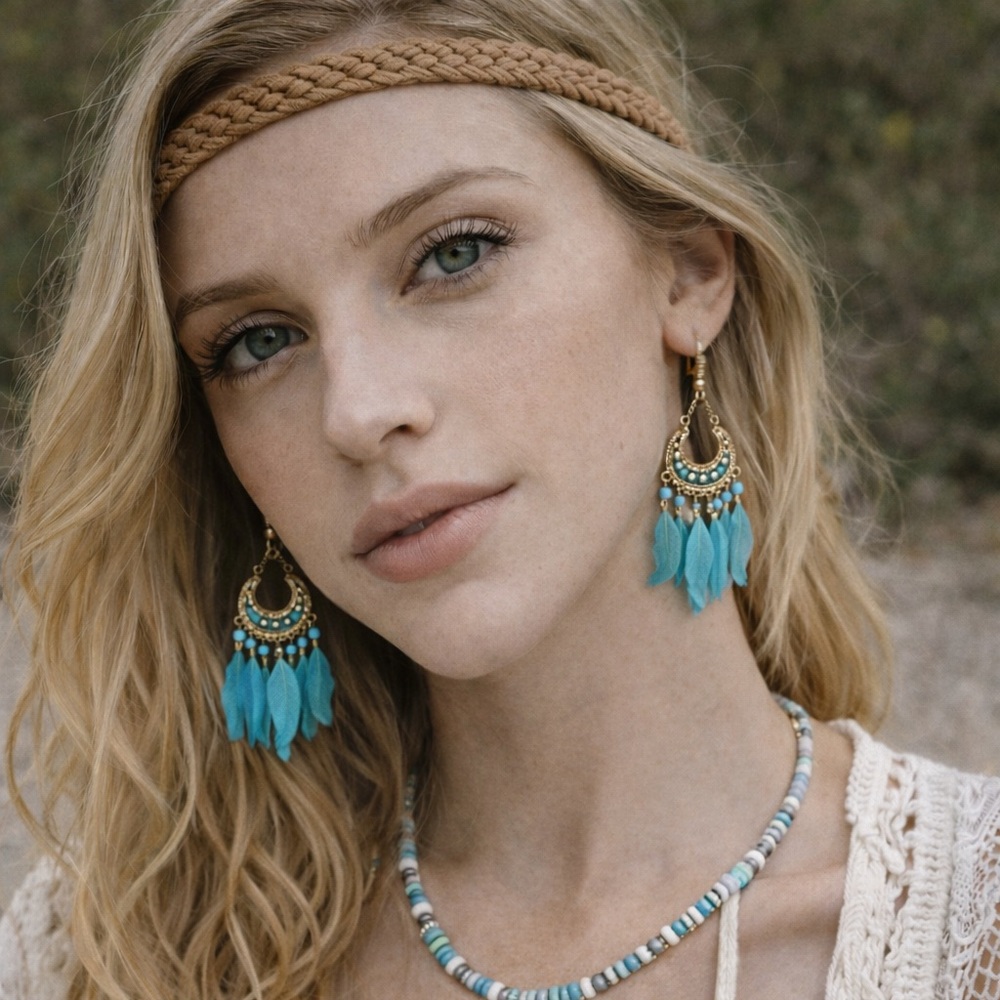 Boho Crescent Moon Feather Tassel Earrings Turquoise Gold Tone NWOT